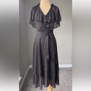 Vintage Rockabilly Pinup Flutter Sleeve Polka Dot Wrap Ruffled Midi Dress S